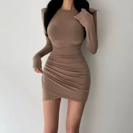 韩国女装2021秋季新款紧身褶皱长袖连衣裙修身显瘦性感包臀短裙潮商品大图