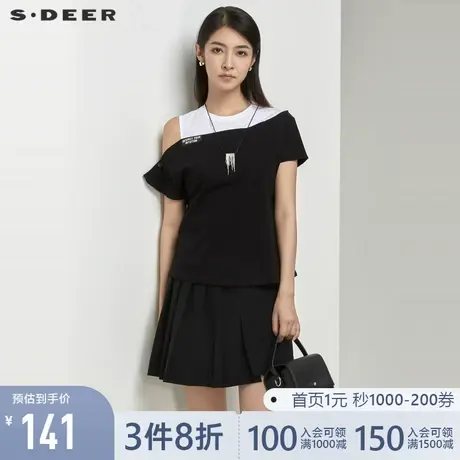 sdeer圣迪奥夏装圆领不对称露肩字母拼接T恤女S21260128💚商品大图