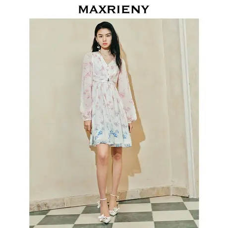 MAXRIENY仙美氛围感渐变晕染玉兰连衣裙高级气质感女装修身显瘦商品大图