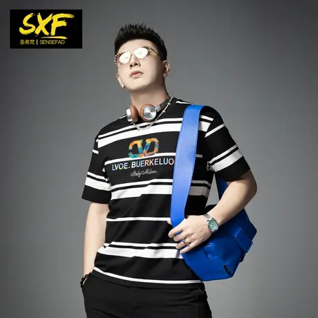 SXF圣希梵t恤男短袖 2024潮牌新款港风条纹体恤印花烫钻男士上衣商品大图