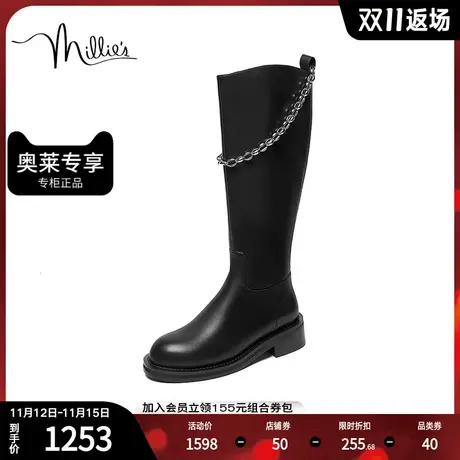 millie's妙丽2022商场同款牛皮时尚简约高筒女骑士靴26771DG2商品大图