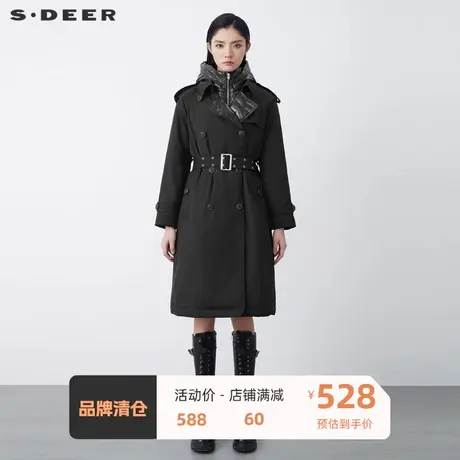 sdeer圣迪奥女装个性高领连帽双排扣收腰长款羽绒服S21482425🌐商品大图