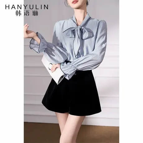 韩语琳蓝色衬衫女高级感轻奢减龄洋气2025新款夏季长袖蝴蝶结上衣商品大图