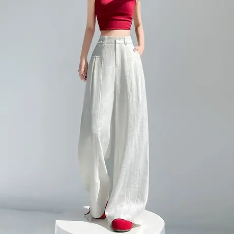 棉麻抗皱阔腿裤女夏季薄款高腰宽松垂感防晒直筒拖地白色休闲长裤图片