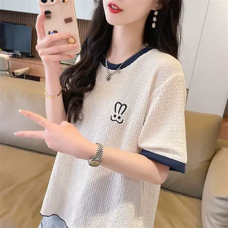 设计感小众小个子短袖t恤女夏季韩版宽松大码女装学生撞色上衣服图片