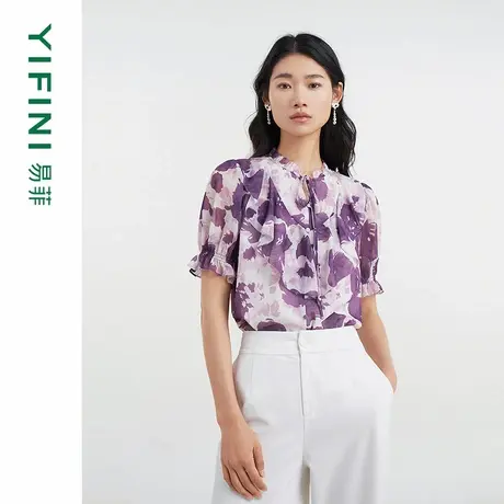 [专柜同款]Yifini/易菲荷叶边抽绳领轻薄款宽松短款小衫D04S1405商品大图