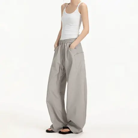 纯色宽松显瘦直筒阔腿休闲裤男女同款夏季多口袋伞兵拖地弯刀长裤商品大图