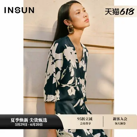 【桑蚕丝】INSUN恩裳夏弹力缎连袖印花桑蚕丝衬衫商品大图