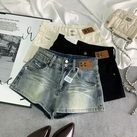 皮牌复古水洗高腰牛仔短裤女2025早春新款弹力包臀阔腿a字热裤潮商品大图