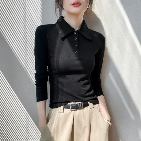 韩版纽扣Polo领长袖T恤女2025春季新款纯色修身显瘦别致正肩上衣图片