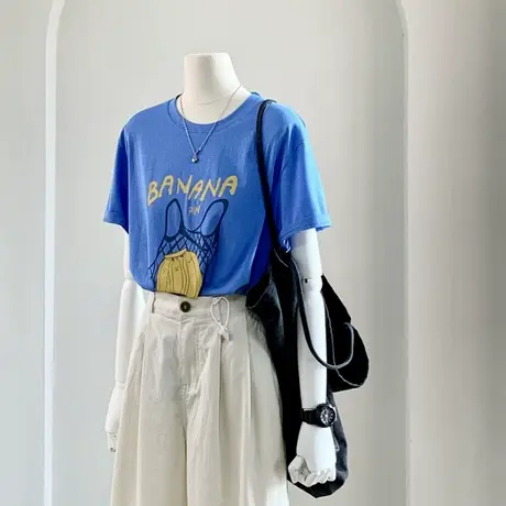 夏季薄款雪花棉透气圆领蓝色T恤女2024印花字母宽松百搭短袖上衣图片