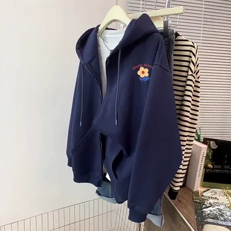 vintage大码宽松初冬外套加绒加厚开衫连帽卫衣女ins正肩显瘦上衣商品大图