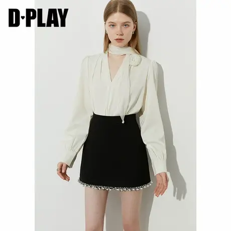 DPLAY2025年夏季新款白色衬衫女法式漂亮飘带泡泡袖上衣气质衬衣商品大图