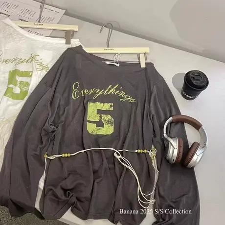 韩国东大门夏季新款韩版时尚趣味斜肩长袖T恤女防晒衫罩衫上衣ins商品大图