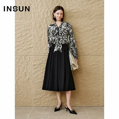 INSUN恩裳专选2025秋季飘带领气质印花真丝上衣商品大图