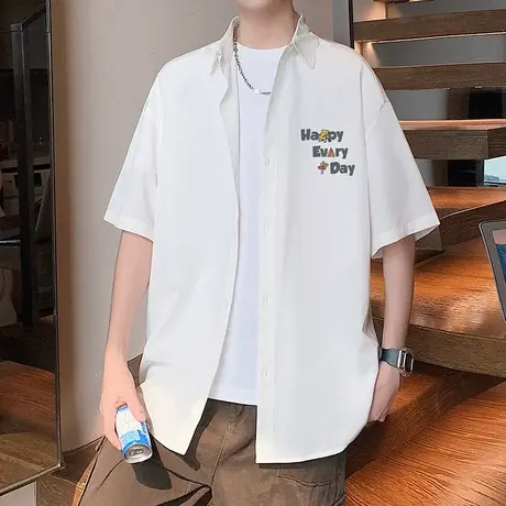 衬衣男夏季2025新款冰丝宽松翻领寸衫美式大码休闲翻领半袖衬衫潮商品大图