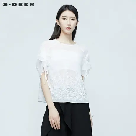 sdeer圣迪奥女装夏装重工绣花肌理短袖白色衬衫上衣S20280407商品大图