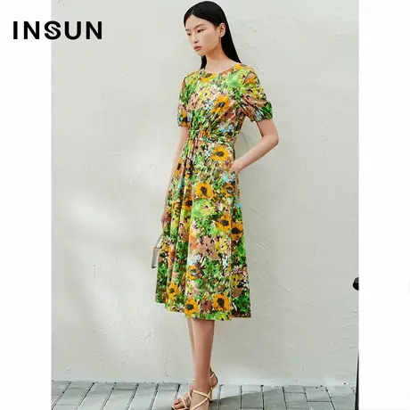 INSUN恩裳夏季宽松醋酸圆领茧型油画连衣裙商品大图
