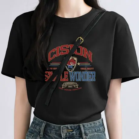 KWV真维斯黑色纯棉短袖女t恤2025新款流行夏季美式宽松设计感上衣商品大图