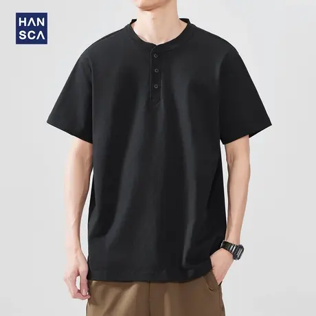 hansca 250g重磅亨利领短袖T恤男2025夏季宽松复古微落肩纯棉上衣图片