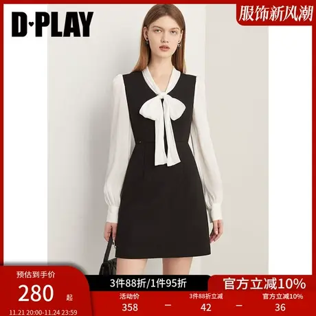 DPLAY气质法式优雅黑拼白撞色鎏光纱系带蝴蝶结小黑裙裙子女图片