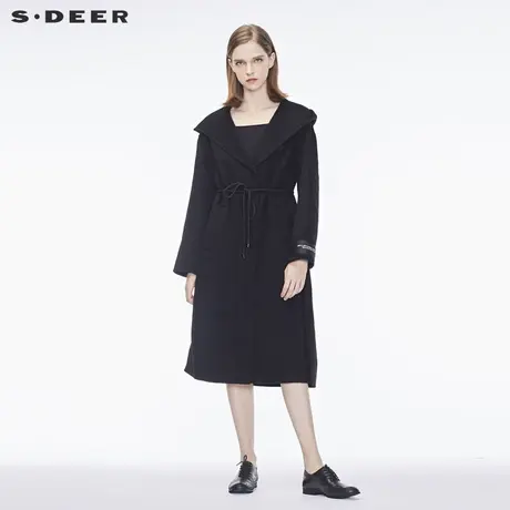 sdeer圣迪奥2019纯黑字母贴布抽绳双面呢大衣女S18481857图片