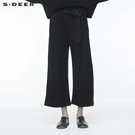 sdeer圣迪奥冬季女装腰带插袋暗褶毛呢黑色阔腿长裤S19480866图片