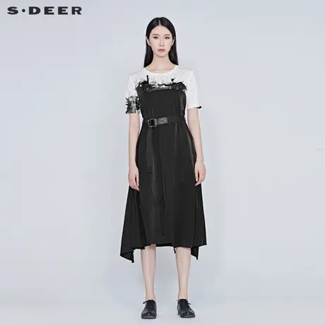 sdeer圣迪奥女装夏季水墨印花拼接腰带短袖通勤连衣裙女S20281221图片