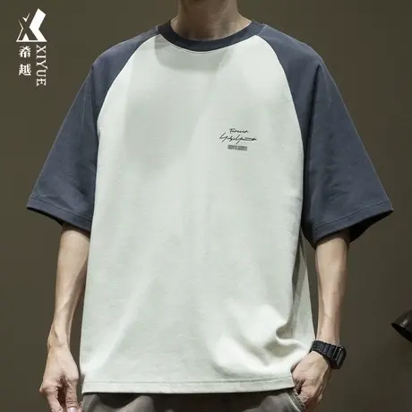 希越插肩袖拼接圆领T恤男夏季230g重磅绒面印花宽松大码男士短袖商品大图