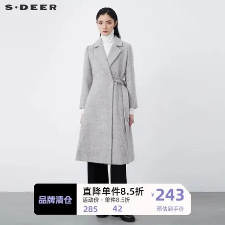 sdeer圣迪奥女装休闲西装领条纹拼接毛呢长款大衣S20481814图片