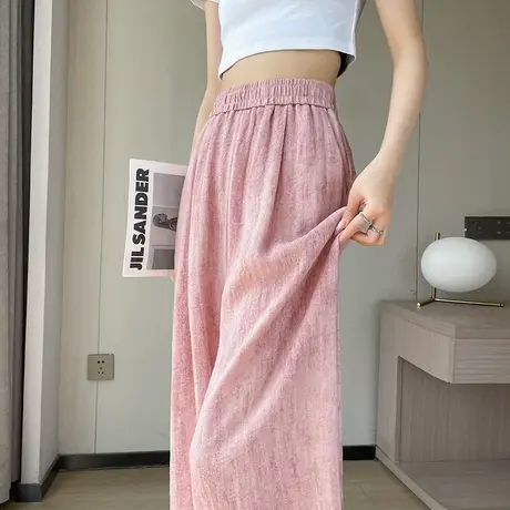 粉色扎染棉麻阔腿裤女夏季薄款高腰垂感休闲冰丝亚麻直筒拖地裤子商品大图