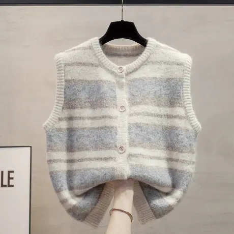 条纹开衫圆领针织马甲背心女2025春秋新款宽松外穿马夹毛衣坎肩潮商品大图
