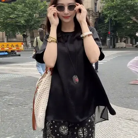 网纱拼接醋酸短袖女t恤2025新款爆款轻奢高级感法式设计感上衣女图片