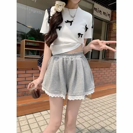 ins超火蕾丝花边阔腿短裤女夏季宽松高腰外穿运动休闲沙滩热裤潮图片