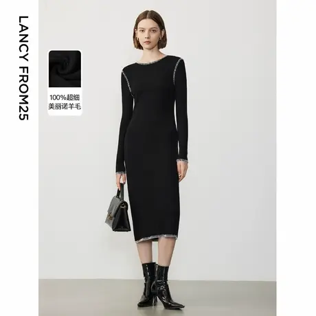 朗姿纯羊毛法式中长款连衣裙冬季新款小黑裙高级感针织裙女士裙子商品大图