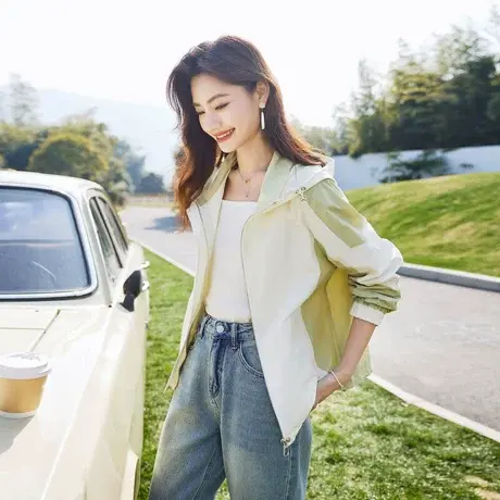 时尚气质外套2024年春季新款女拼接撞色休闲连帽简约运动风上衣商品大图