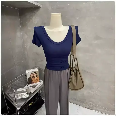 纯欲风—～藏蓝色Ｖ领紧身短袖T恤女显瘦休闲短款上衣内搭夏季新图片