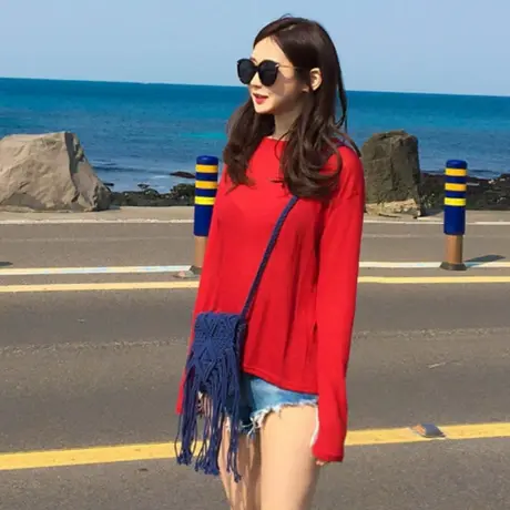 轻薄款大红色t恤女宽松显瘦长袖微透视防晒罩衫喜庆本命年上衣服图片