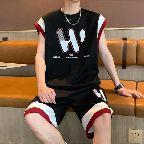 运动两件套男夏季新款潮牌美式高街无袖背心港风大码宽松短裤套装商品大图