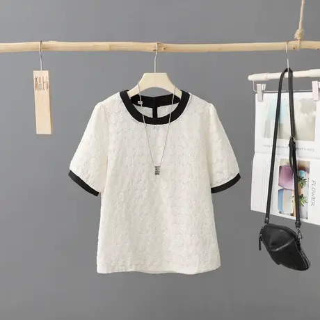 气质女装2024年夏装新款短款圆领网纱刺绣t恤女短袖法式洋气小衫商品大图