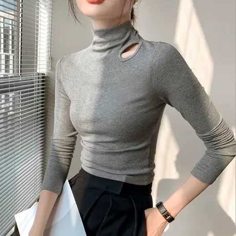 灰色正肩长袖T恤女2025春秋修身显瘦内搭半高领打底衫上衣薄款图片