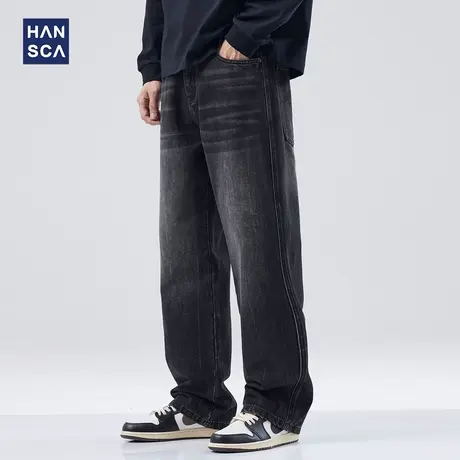 hansca复古黑灰色牛仔裤男秋季垂感阔腿裤直筒宽松休闲大码长裤子商品大图
