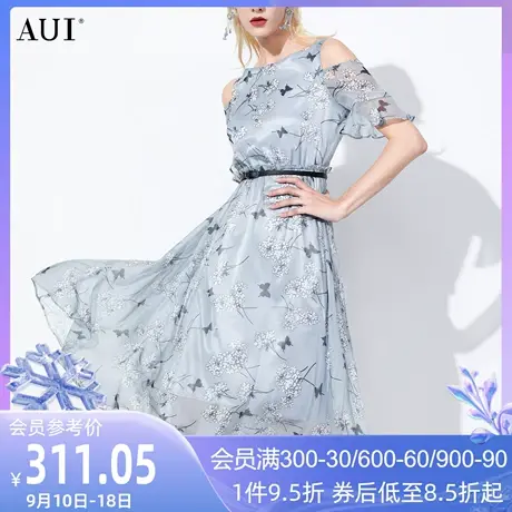 AUI蓝色一字领露肩雪纺连衣裙女2023夏新款超仙印花荷叶边中长裙商品大图