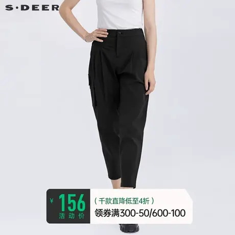 sdeer圣迪奥夏装松紧口袋工装黑色通勤九分裤女S21260828🌽商品大图