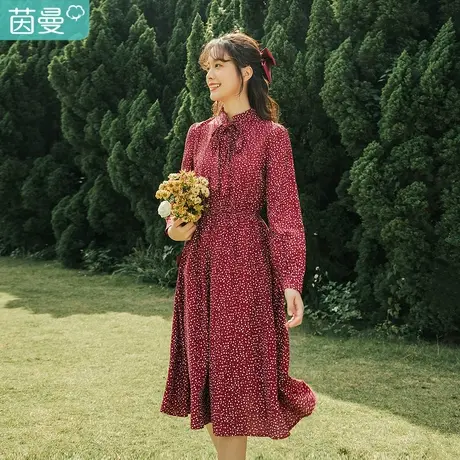 茵曼2023春装新款立领长袖连衣裙小碎花印花蝴蝶结装饰淑女文艺商品大图