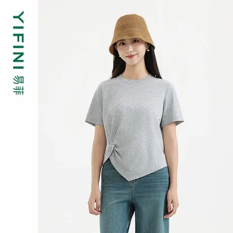 Yifini/易菲2025夏季新款设计感小个子百搭宽松T恤女烫钻上衣图片