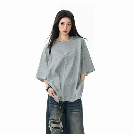 2025新款烧花镂空宽松短袖T恤女复古ins风圆领个性情侣款半袖上衣图片