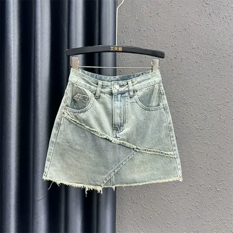 复古拼接休闲高腰牛仔半身裙港味女夏新款显瘦个性毛边a字包臀裙商品大图
