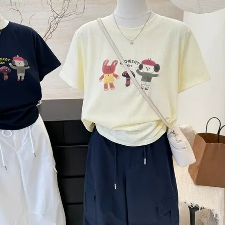 卡通印花宽松雪花棉短袖t恤女2025夏季新款时尚圆领显瘦棉TEE上衣商品大图