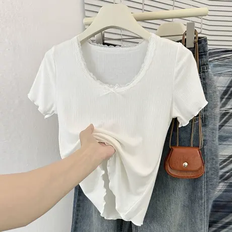 韩系纯欲风蕾丝花边短袖T恤女夏季韩版修身短款小个子正肩上衣潮商品大图